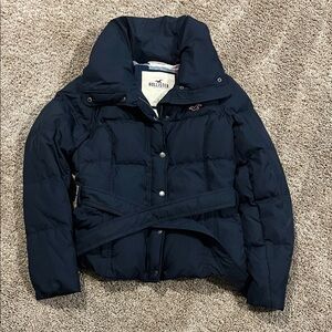 Hollister Navy Blue Belted Hoodless Puffer Jacket